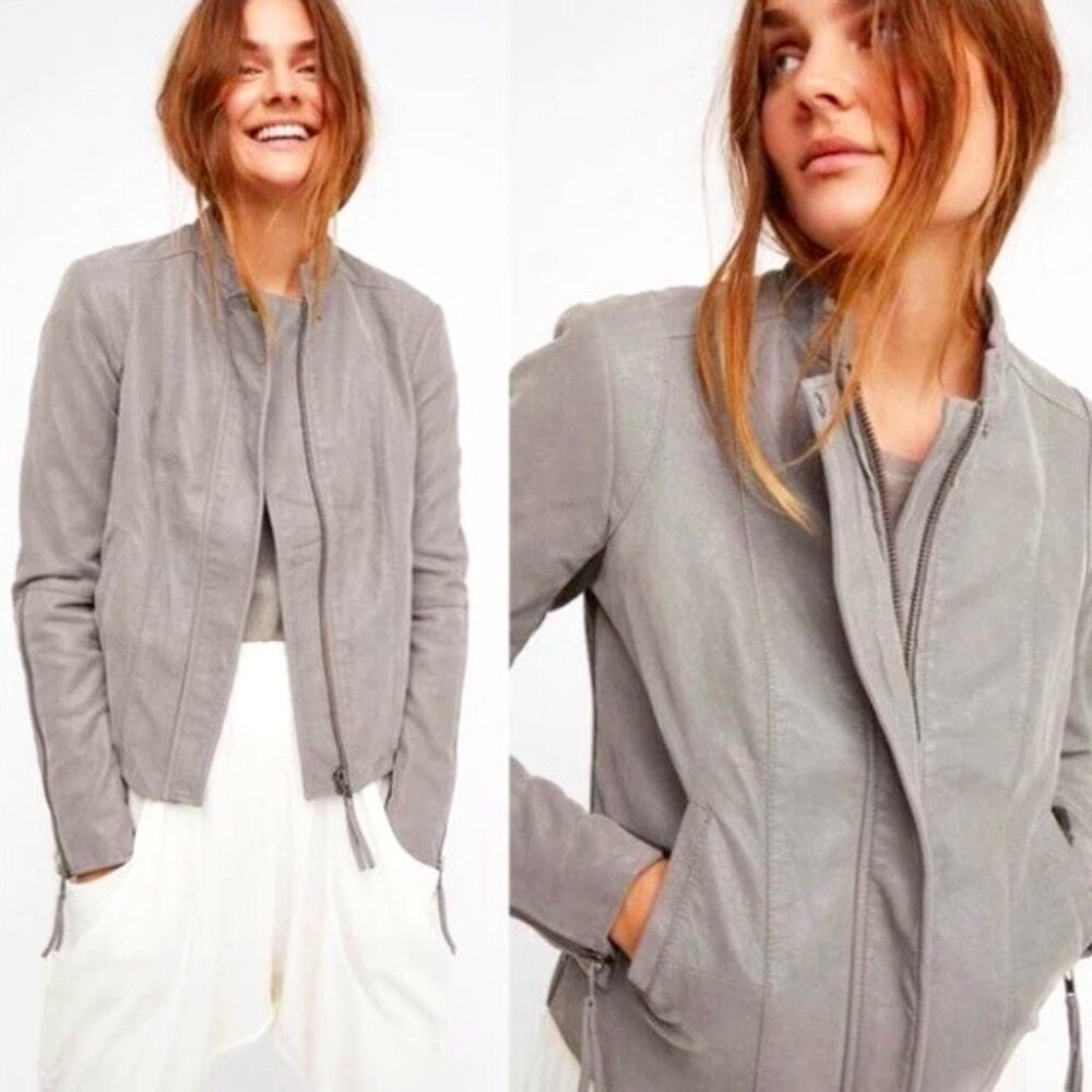 Free People Cool & Clean Gray Vegan Leather Moto Jacket Size‎ 8 Wool Side Panels